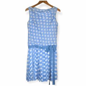 Vintage 60s Drop Waist Blue Polka Dot Pleated Dress Donle by Ole Borden